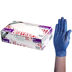 Sofeel Vinyl Gloves, Recyclable, 5.0g, Low Powder, Large, Blue, HACCP Grade, 100/Box Box