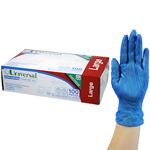 Universal Vinyl Gloves, Recyclable, 5.5g, Powder Free, Large, Blue, HACCP Grade, 100/Box Box