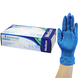 Universal Vinyl Gloves, Recyclable, 5.5g, Powder Free, Large, Blue, HACCP Grade, 100/Box Box