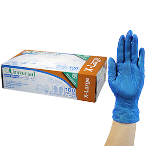 Universal Vinyl Gloves, Recyclable, 5.5g, Powder Free, Large, Blue, HACCP Grade, 100/Box Box