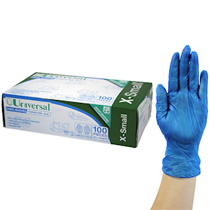 Universal Vinyl Gloves, Recyclable, 5.5g, Powder Free, Large, Blue, HACCP Grade, 100/Box Box