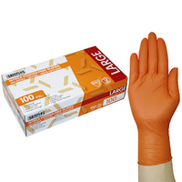 Safeplus Thick Nitrile Gloves, 245mm Cuff, Heavy Duty, Powder Free, EN374, Large, Orange Colour, 100/Box Box