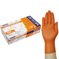 Safeplus Thick Nitrile Gloves, 245mm Cuff, Heavy Duty, Powder Free, EN374, Large, Orange Colour, 100/Box Box