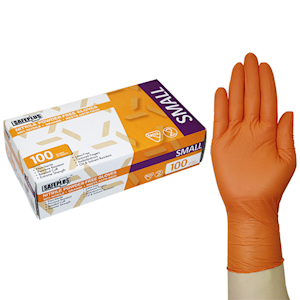 Safeplus Thick Nitrile Gloves, 245mm Cuff, Heavy Duty, Powder Free, EN374, Large, Orange Colour, 100/Box Box
