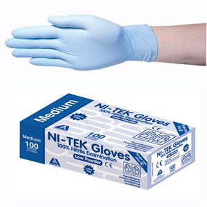 Out of Date, Ni-Tek Nitrile Gloves, Low Powder, HACCP, EN374, Malaysian, 4.5g, Medium, Blue, 100/Box, Price Discounted, While Stocks last Box