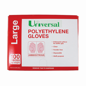 Universal Disposable Polyethylene Gloves, Large, Recyclable, Latex Free, Clear, 100/Pack Pack