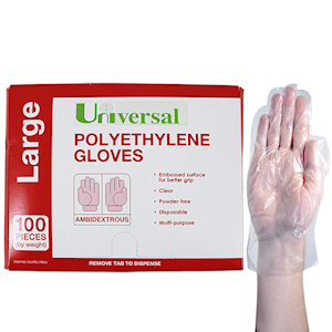 Universal Disposable Polyethylene Gloves, Large, Recyclable, Latex Free, Clear, 100/Pack Pack