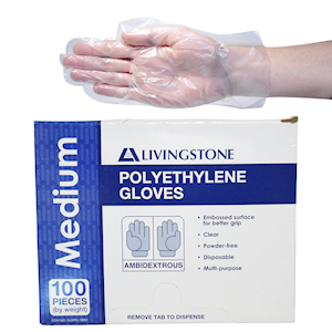 Livingstone Disposable Polyethylene Gloves, Large, Embossed, Ambidextrous, Recyclable, Clear, 100/Pack Pack