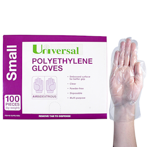 Universal Disposable Polyethylene Gloves, Large, Recyclable, Latex Free, Clear, 100/Pack Pack