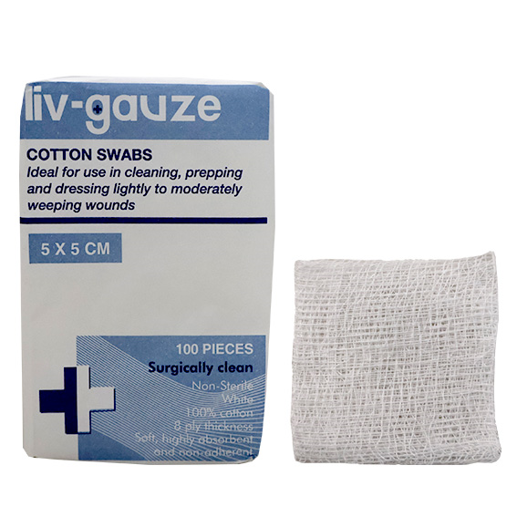 Livingstone Gauze Swabs, 5 x 5 cm x 8 Ply, 100 Percent Cotton, Surgically Clean, Non-Sterile, White, 100 Pieces/Pack Pack