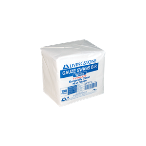 Livingstone Gauze Swabs, 5 x 5 cm x 8 Ply, 100 Percent Cotton, Surgically Clean, Non-Sterile, White, 100 Pieces/Pack Pack