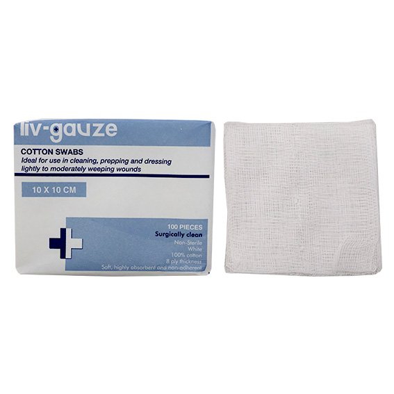 Livingstone Gauze Swabs, 5 x 5 cm x 8 Ply, 100 Percent Cotton, Surgically Clean, Non-Sterile, White, 100 Pieces/Pack Pack