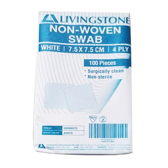 Livingstone Gauze Swabs, 5 x 5 cm x 8 Ply, 100 Percent Cotton, Surgically Clean, Non-Sterile, White, 100 Pieces/Pack Pack