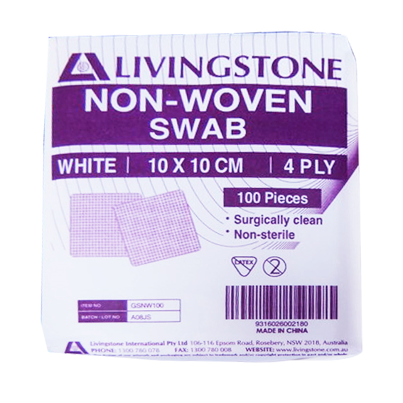 Livingstone Gauze Swabs, 5 x 5 cm x 8 Ply, 100 Percent Cotton, Surgically Clean, Non-Sterile, White, 100 Pieces/Pack Pack