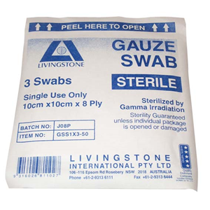 Livingstone Sterile Gauze Swabs, 5 x 5 cm x 8 ply, White, 100 Percent Cotton, 1 Swab/Pack, 3000 Packs/Carton Carton