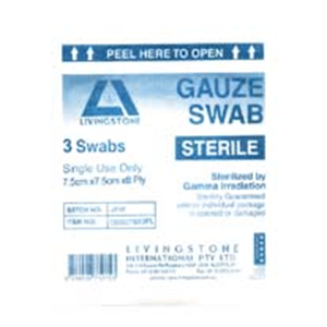 Livingstone Sterile Gauze Swabs, 5 x 5 cm x 8 ply, White, 100 Percent Cotton, 1 Swab/Pack, 3000 Packs/Carton Carton