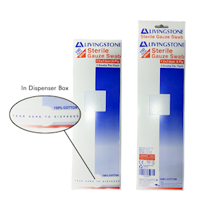 Livingstone Sterile Gauze Swabs, 5 x 5 cm x 8 ply, White, 100 Percent Cotton, 1 Swab/Pack, 3000 Packs/Carton Carton