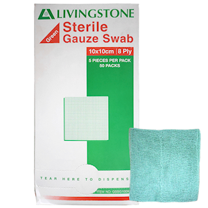 Livingstone Sterile Gauze Swabs, 5 x 5 cm x 8 ply, White, 100 Percent Cotton, 1 Swab/Pack, 3000 Packs/Carton Carton