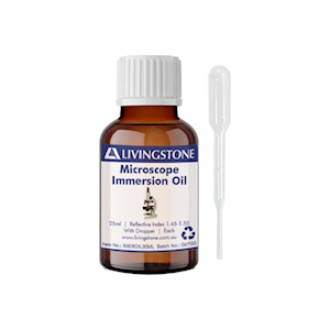 Livingstone Microscope Immersion Oil 25ml, Reflective Index 1.45 to 1.50, with FREE dropper Each Each