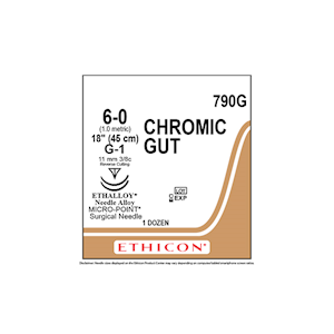 Johnsons and Johnsons Ethicon Surgical Chromic Gut Sutures, Undyed, 45cm, 6-0 G-1 11mm, 12/Box Box