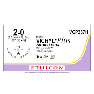Ethicon Coated Vicryl Plus Suture, Size-2-0, CT, 90cm, 40mm, Taper Point, Absorbable, Violet, 36 Pieces/Box Box
