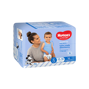 Huggies Ultra Dry Nappies, Walker, 13-18kg, Boy, 16/Pack, 64/Carton Pack