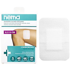 Nema Adhesive Island Dressing with Non-Adherent Pad, Nonwoven, 8.2 x 6cm, White, Sterile, 5/Pack Pack