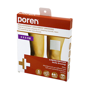 Poren Non-Adherent Absorbent Dressing, 5 x 5cm, Sterile, 5/Pack Box