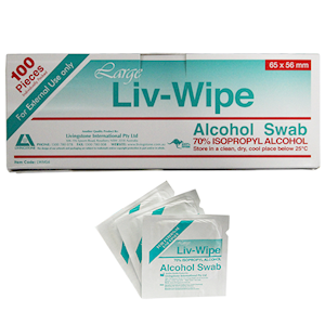 Liv-Wipe Large Antibacterial Alcohol Swabs, Prep Pad, 70 Percent Isopropyl Alcohol Sanitiser, 65 x 56mm, 100/Box