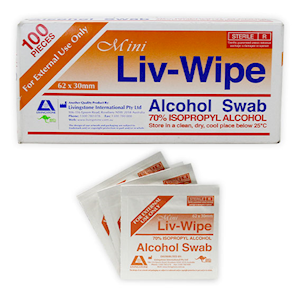 Liv-Wipe Mini Alcohol Swabs, Prep Pad, 70 Percent Isopropyl Alcohol Sanitiser, 62 x 30mm, Gamma Sterilised, 100/Box Box