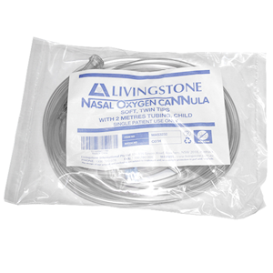 Livingstone Twin Nasal Oxygen Cannula, Soft Tip, Infant, 2 Metres Oxygen Tube or Tubing, White, Each Each