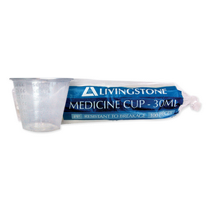 Livingstone Medicine Measure Cup, 30ml, Recyclable Polypropylene, Graduated, 100 Pieces/Bag Bag
