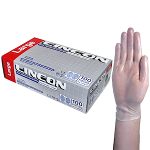 Lincon Vinyl Examination Gloves, Recyclable, 6.5g, Low Powder, Large, Clear, 100/Box Box