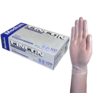 Lincon Vinyl Examination Gloves, Recyclable, 6.5g, Low Powder, Large, Clear, 100/Box Box