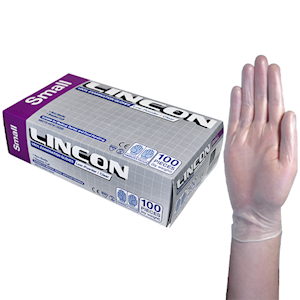 Lincon Vinyl Examination Gloves, Recyclable, 6.5g, Low Powder, Large, Clear, 100/Box Box