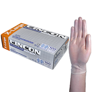 Lincon Vinyl Examination Gloves, Recyclable, 6.5g, Low Powder, Large, Clear, 100/Box Box