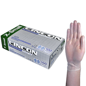 Lincon Vinyl Examination Gloves, Recyclable, 6.5g, Low Powder, Large, Clear, 100/Box Box