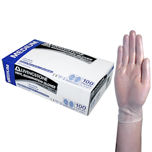 Livingstone Vinyl Examination Gloves, Recyclable, 6.5g, Powder Free, Large, Clear, HACCP Grade, 100/Box Box