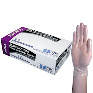 Livingstone Vinyl Examination Gloves, Recyclable, 6.5g, Powder Free, Large, Clear, HACCP Grade, 100/Box Box