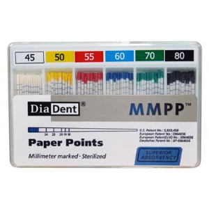 Diadent Absorbent Paper Points, ISO Size No. 45-80, Biodegradable, Sterile, Colour Coded, 200/Vial, 6 Vials/Pack Pack