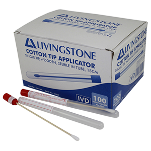 Livingstone Cotton Tip Applicator Transport Swab, 15cm, Single Tip, Biodegradable Wooden Stem, Plastic Tube, Sterile, 100/Box Box