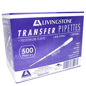 Livingstone Recyclable Plastic Transfer Pipette, Graduated 1ml, with 3.5ml Bulb Draw, Sterile, Single Peel Pack, 500/Box Box