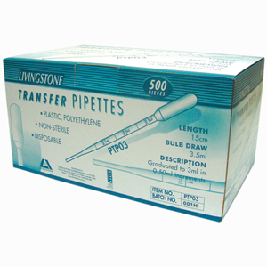 Livingstone Recyclable Plastic Transfer Pipette, Graduated 1ml, with 3.5ml Bulb Draw, Sterile, Single Peel Pack, 500/Box Box