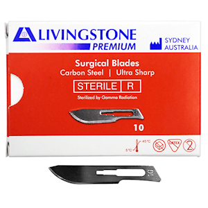 Livingstone Premium Surgical Scalpel Blade, Carbon Steel, Size 10A, Sterile, 100/Box Box
