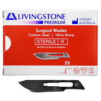 Livingstone Premium Surgical Scalpel Blade, Carbon Steel, Size 22, Sterile, 100/Box Box