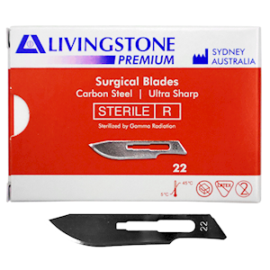 Livingstone Premium Surgical Scalpel Blade, Carbon Steel, Size 22, Sterile, 100/Box Box