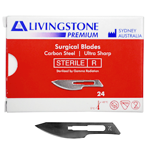 Livingstone Premium Surgical Scalpel Blade, Carbon Steel, Size 22, Sterile, 100/Box Box