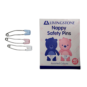 Livingstone Nappy Safety Pins with Lock, Stainless Steel, Blue, Pink, White, Mixed Colours, 56mm, 40 Pins/Box Box