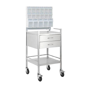 Tribute Cannulation Trolley, 125mm Castors, 490 (w) x 490 (D) x 900mm (H), Stainless Steel, with 2 Soft Close Drawers and Dividers, Each