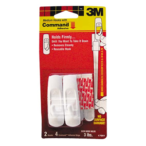3M Command Medium Hooks, Holds up to 1.3kg, Adhesive, White, 2/Pack 17001 Pack